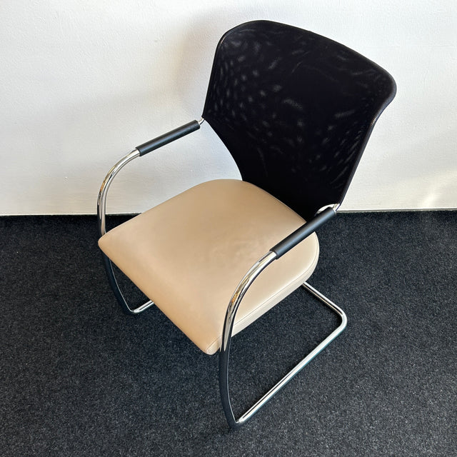 Thonet - Freischwinger - Konferenzstuhl- Leder beige/Netzgewebe - TOP Zustand!
